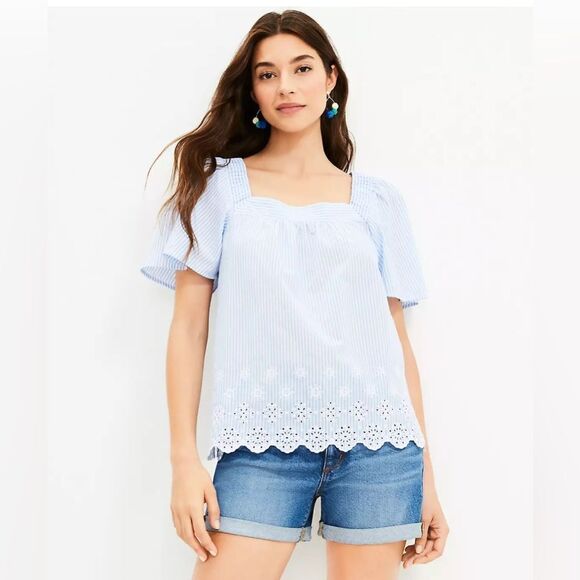 LOFT Blue/White Eyelet Seersucker Stripe Square Neck Top Sz MP NWOT - Picture 3 of 10